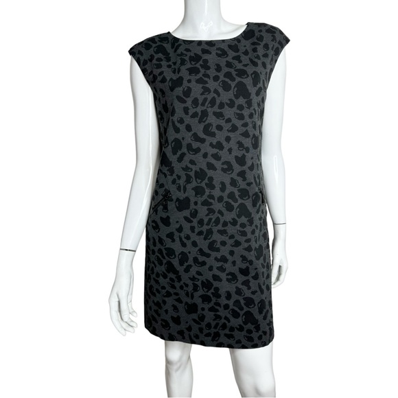 MICHAEL Michael Kors Cap Sleeves Black and Grey Leopard Print Midi Shift Dress - Picture 1 of 7